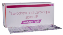 A box and a blister of generic Levodopa (250mg) + Carbidopa (25mg) Tablet