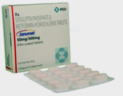 Box and blister strip of generic sitagliptin phosphate 50 mg, metformin hydrochloride 500 mg