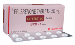 A box and a strip of Inspra 50 mg Generic Tablet - Eplerenone