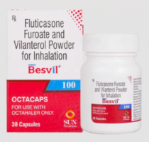 A box and a bottle of Fluticasone Furoate (100mcg) + Vilanterol (25mcg)