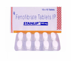 Blister pack and a box of generic Fenofibrate 145mg tablets