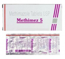 A box and a blister of generic Methimazole 5mg Tablets