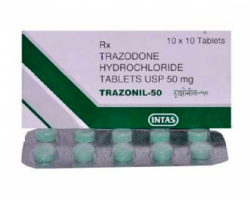 A box and a strip of Trazodone 50mg Generic Tablets