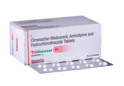 A box and a strip of Olmesartan Medoxomil (40mg) + Amlodipine (5mg) + Hydrochlorothiazide (12.5mg) Generic Tablets