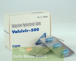 A box pack and two strips of Valtrex 500mg Tablets - Valacyclovir Hydrochloride