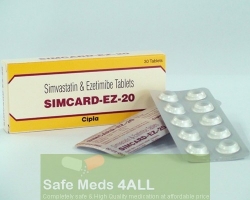 Box and two blister packs of generic Ezetimibe and Simvastatin 10mg/20mg tablets