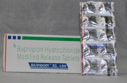 A box and a blister pack of generic Bupropion Hydrochloride Extended-Release 150mg tablet