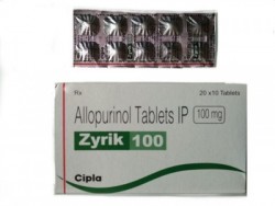 A box and a blister of generic Allopurinol 100mg Tablets