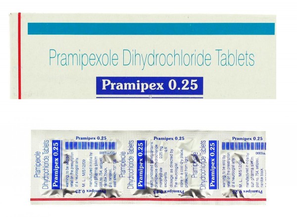 A box and a strip of generic Pramipexole 0.25 mg Tablets