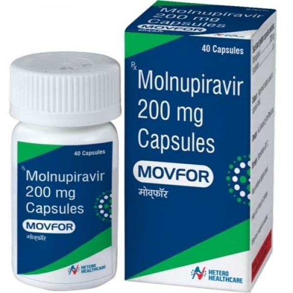A bottle and a box of generic Molnupiravir 200mg Capsules