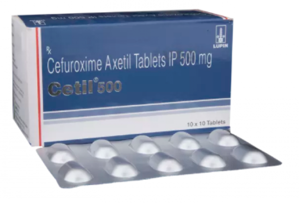 A box and blister pack of generic Cefuroxime 500mg Tablet