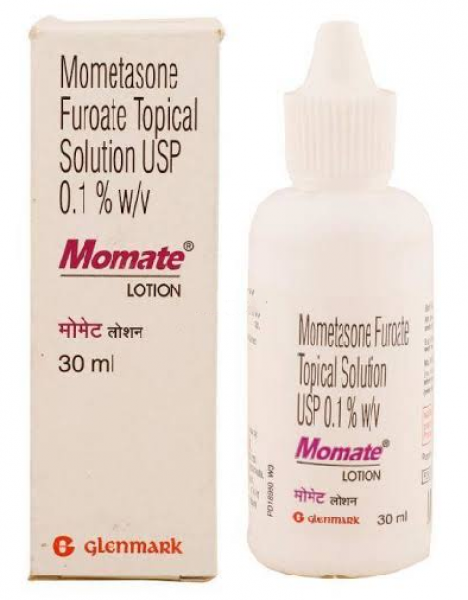 A box and a bottle of generic Mometasone 0.1% Lotion