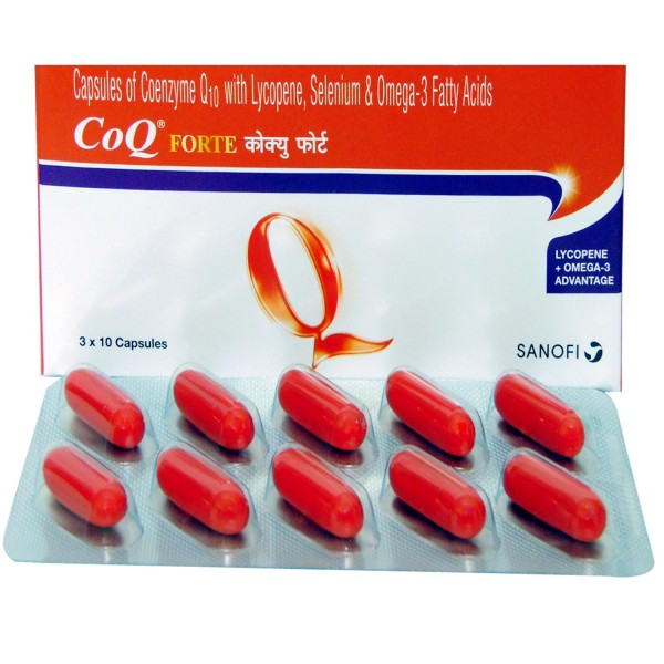 A box and a blister strip of Co-Enzyme Q-10 ,Docosahexaenoic Acid ,Eicosa pentaenoic Acid & Lycopene Generic Capsule