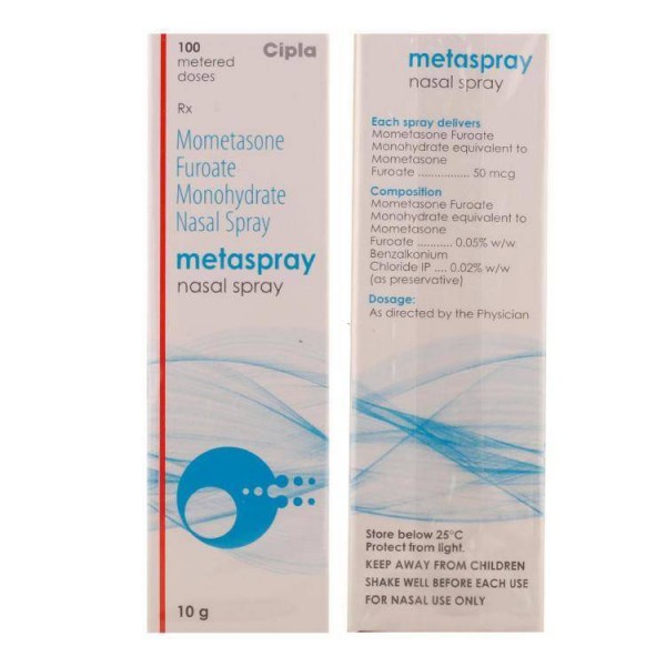 Front and back side of a box of generic Mometasone 50mcg 100 Doses Nasal Spray