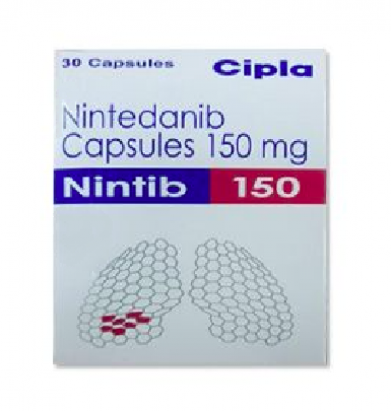 A box of Nintedanib 150mg Generic Capsules