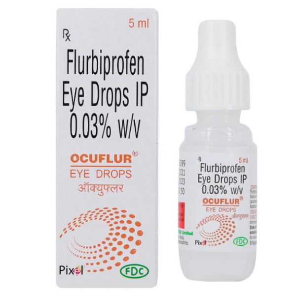 A box and a dropper of Flurbiprofen  0.03 Percent (5 ml) Generic Eye Drops