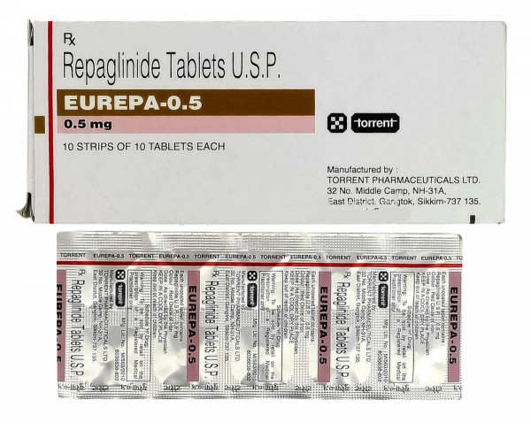 Box and blister strip of generic Repaglinide 0.5 mg Tablets