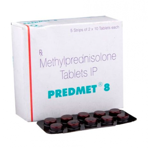 A box and a strip of Methylprednisolone 8mg Generic Tablets