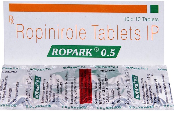 Box and a strip of generic ropinirole 0.5 mg tablets