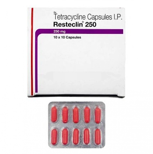A box and a strip of Tetracycline 250mg Generic Capsules