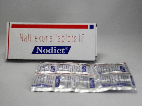 A box and a blister of generic naltrexone 50mg tablets