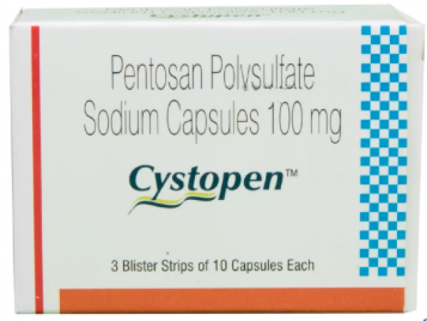 A box of generic Pentosan polysulfate sodium 100mg Capsule