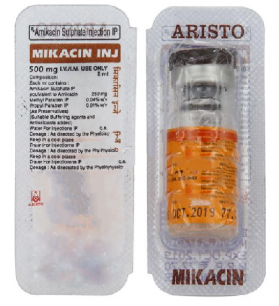 Front and back of generic Amikacin 500 mg Injection