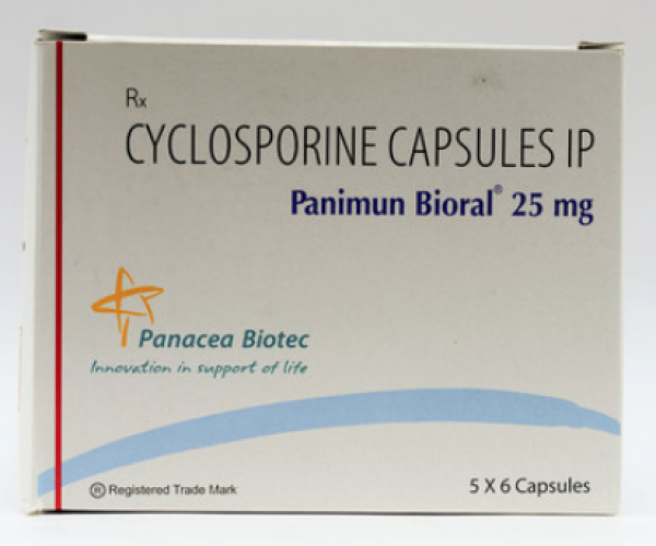 A box of generic Cyclosporine (25mg) Capsule