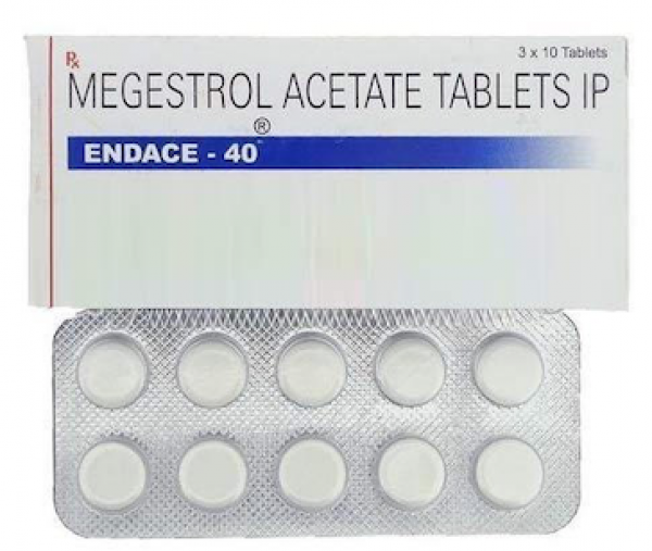 A box and a blister pack of generic Megestrol 40mg Tablet