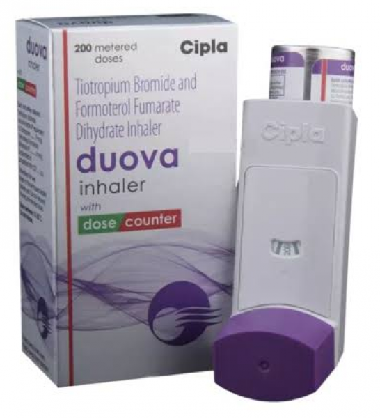 A box and a piece of Generic Formoterol (6mcg) + Tiotropium (9mcg) Inhaler