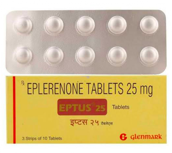 A box and a strip of generic Eplerenone 25 mg Tablet