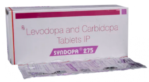 A box and a blister of generic Levodopa (250mg) + Carbidopa (25mg) Tablet