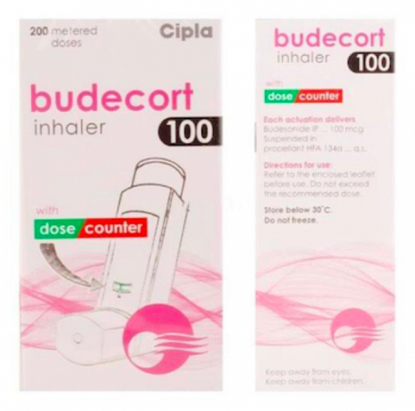 Front and back of the box of generic Budesonide 100mcg