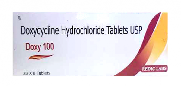A box of generic Doxycycline 100mg tablet