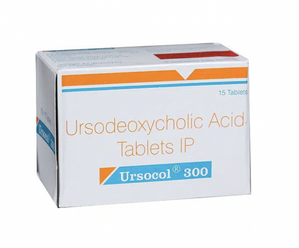 Front and back side of a blister of generic Ursodiol 300mg tablets