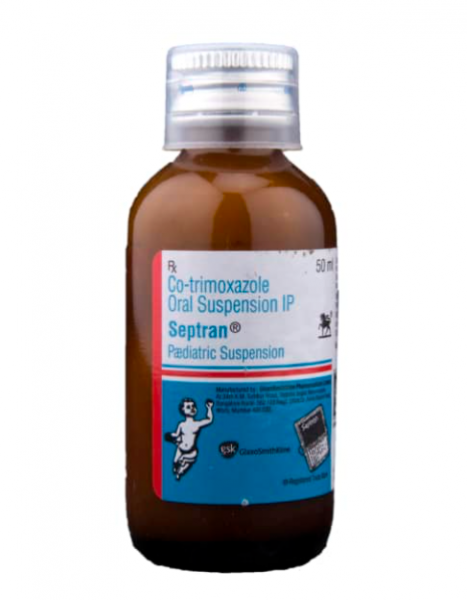 A bottle of Sulfamethoxazole (200mg) + Trimethoprim (40mg) Generic Suspension 50ml