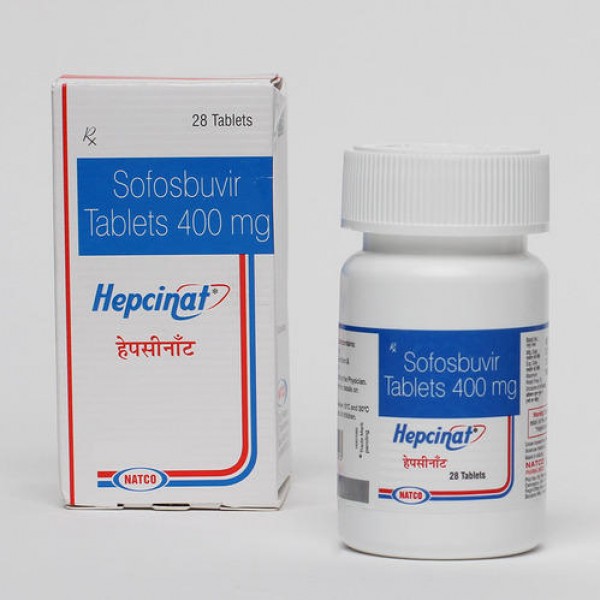 A box and a bottle of generic sofosbuvir 400mg tablets