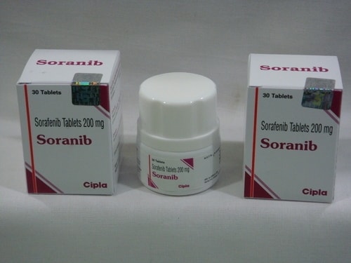 Two boxes and a plastic bottle of generic Sorafenib 200mg tablets