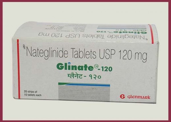 A box of geneirc Nateglinide 120 mg Tablets