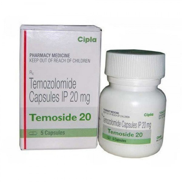 A box and a plastic bottle of generic Temozolomide 20mg Capsules