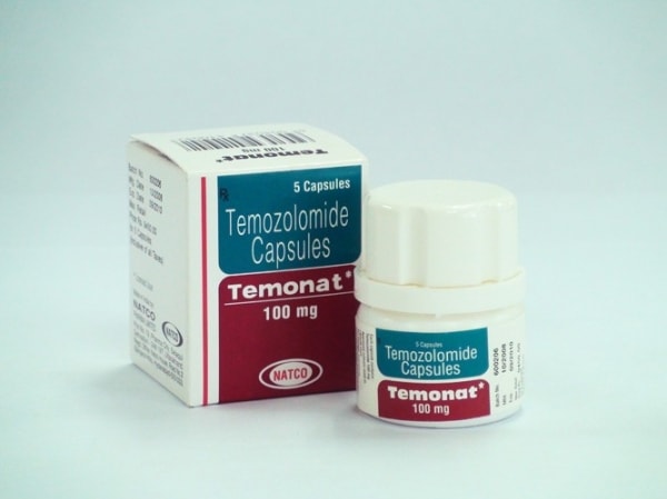 A box pack and a plastic bottle of generic Temozolomide 100mg Capsules