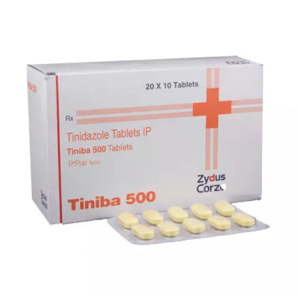 A box and a strip of tinidazole 500mg tablets