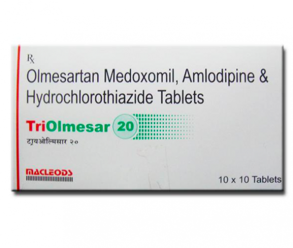 A box of Olmesartan Medoxomil (20mg) + Amlodipine (5mg) + Hydrochlorothiazide (12.5mg) Generic Tablets