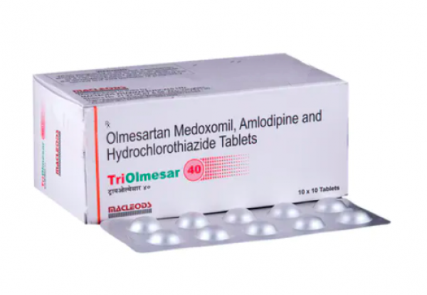 A box and a strip of Olmesartan Medoxomil (40mg) + Amlodipine (5mg) + Hydrochlorothiazide (12.5mg) Generic Tablets