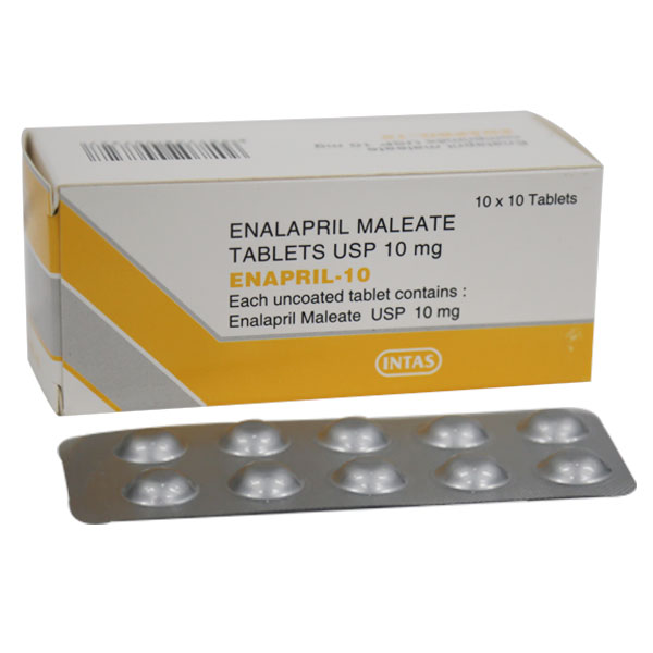 A box and a strip of generic Enalapril 10mg tablets
