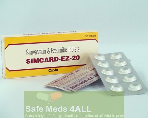 Box and two blister packs of generic Ezetimibe and Simvastatin 10mg/20mg tablets